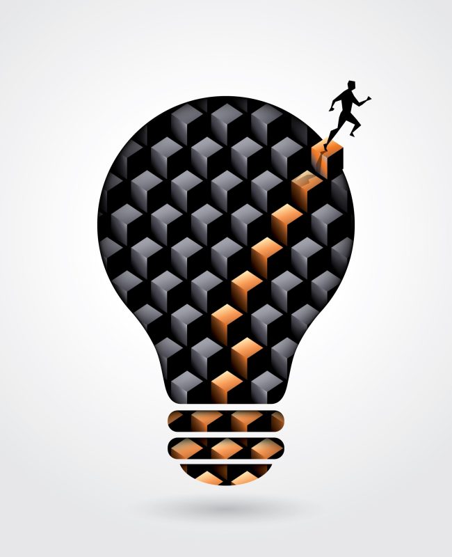 Creative thinking solution business concept illustration with a man walking out of lightbulb